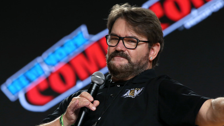 Tony Schiavone speaks onstage during the All Elite Wrestling Invades New York Comic Con panel during Day 3 of New York Comic Con 2021 at Jacob Javits Center on October 09, 2021 in New York City.