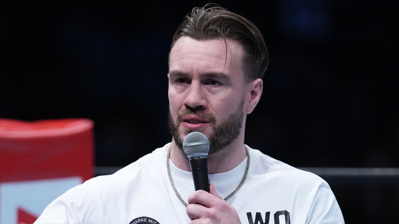 Will Ospreay speaks during the New Japan Pro-Wrestling
