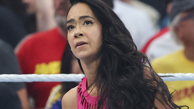 AJ Lee wearing a pink shirt