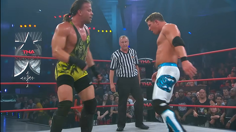 Rob Van Dam and AJ Styles wrestling at TNA Sacrafice 2010