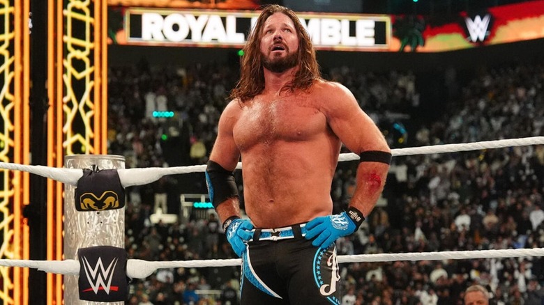 AJ Styles looks to the WWE Universe from the ring following his loss to GUNTHER at the 2026 Royal Rumble.