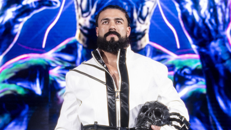 Andrade makes his entrance during the WWE international tour at the SSE Arena on March 22, 2025 in Belfast, Northern Ireland.
