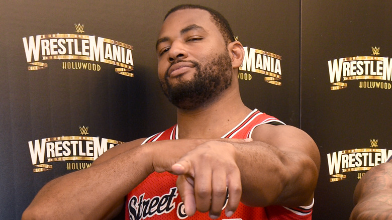 Angelo Dawkins posing at a WrestleMania Hollywood Press Event