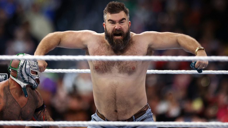 Jason Kelce and Rey Mysterio at WWE WrestleMania 40