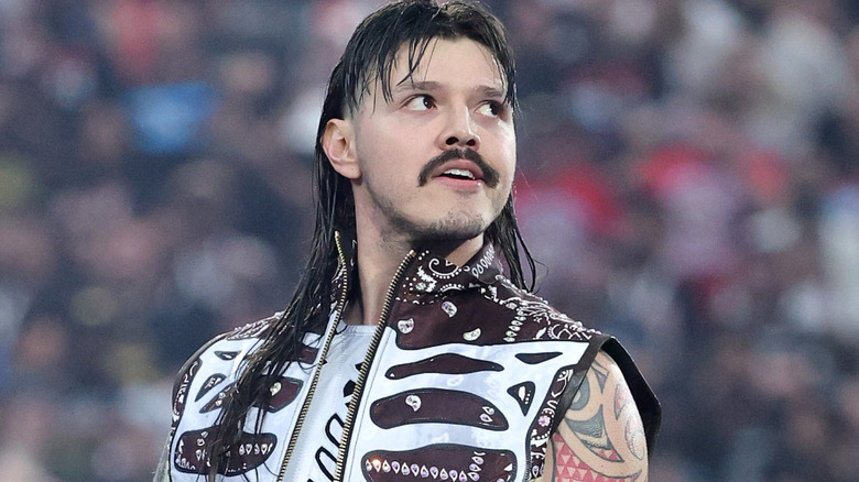 Dominik Mysterio is wearing a purple ring vest