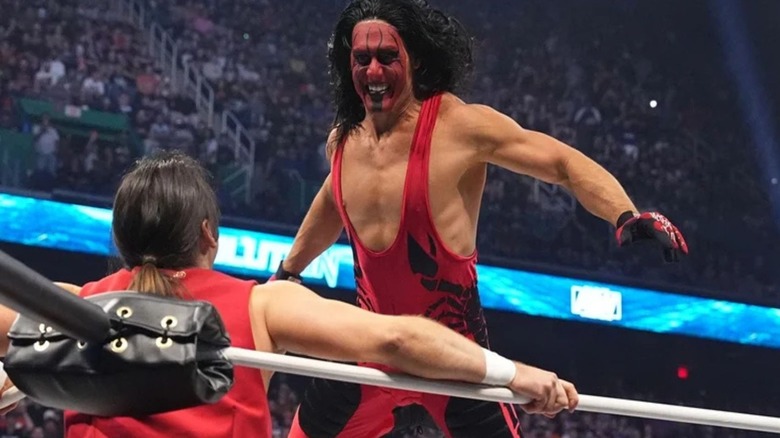 Steve Borden, the song of legendary wrestler and WWE Hall of Famer Sting, hits a splash to one of the Young Bucks in the ring during a match at AEW Revolution 2024.