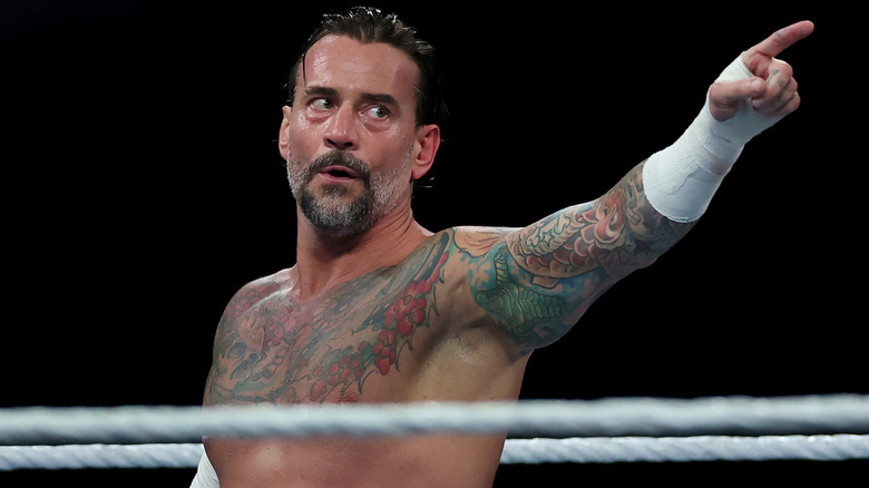 CM Punk points towards the crowd during his match against Gunther for the WWE World Heavyweight Championship. SummerSlam, 2025.