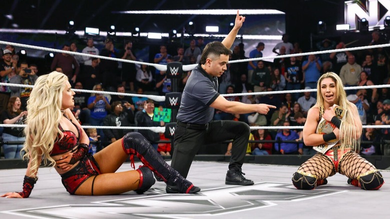 Blake Monroe looks stunned after losing her WWE NXT Women's North American Championship to Thea Hail