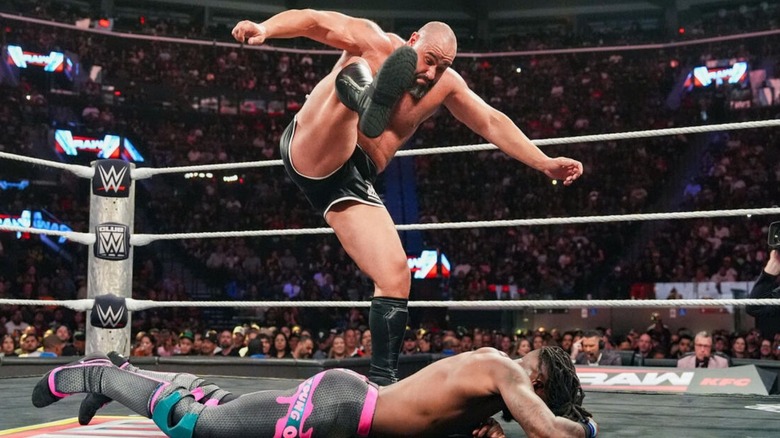 Rusev hits a stomp to Je'Von Evans in the middle of the ring during a match on a July 2026 episode of 