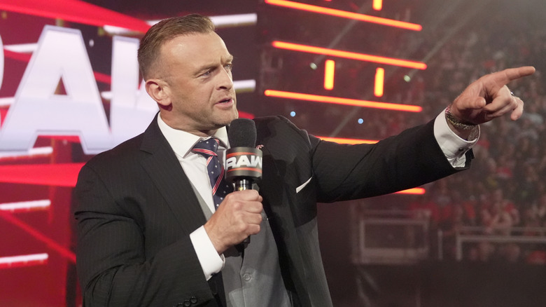 Nick Aldis addresses the audience during Monday Night RAW at T-Mobile Center on April 28, 2025 in Kansas City, Missouri.