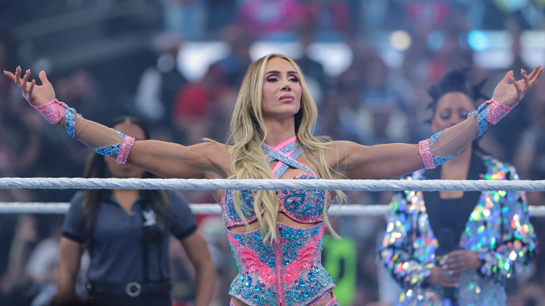 Charlotte Flair poses in the ring before her WWE Women's Championship match against Tiffany Stratton during WrestleMania 41 at Allegiant Stadium on April 19, 2025 in Las Vegas, Nevada.