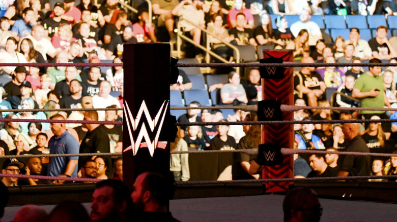 Two corners of a WWE ring in the midst of a crowd