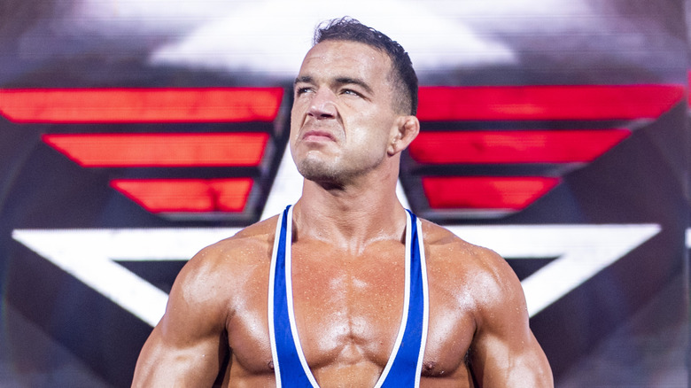 Chad Gable makes his entrance during a WWE Live Event at Wiener Stadthalle