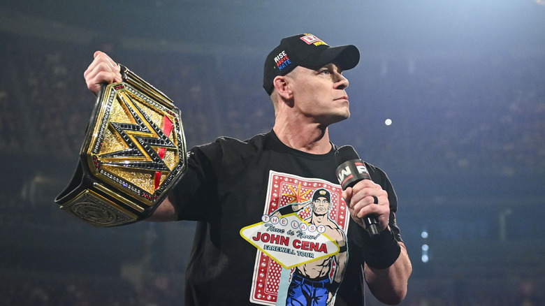 John Cena with the Undisputed Championship title during Monday Night Raw at T-Mobile Arena on April 21, 2025 in Las Vegas, Nevada.