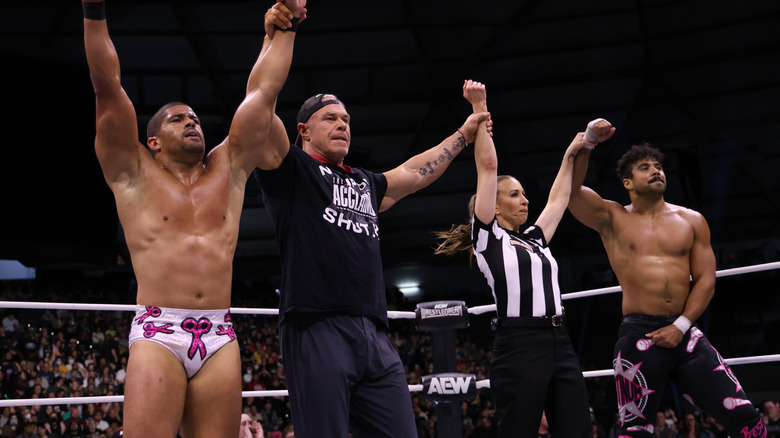 The Acclaimed celebrating with Billy Gunn and referee Aubrey Edwards at AEW WrestleDream 2024