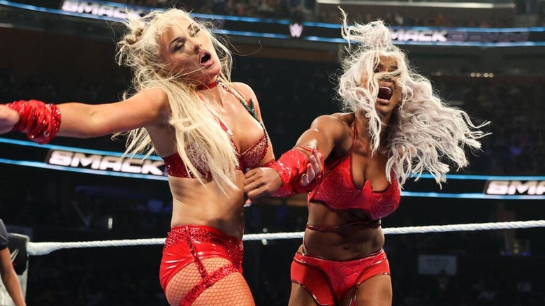 Jade Cargill delivers a slap to WWE Women's Champion Jade Cargill in the middle of the ring on 