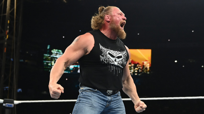 Brock Lesnar attacks John Cena during SummerSlam at MetLife Stadium on August 3, 2025 in East Rutherford, New Jersey.