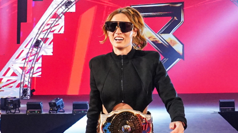 Becky Lynch makes her entrance during Monday Night RAW at Paris Le Defense Arena on September 1, 2025 in Paris, France.