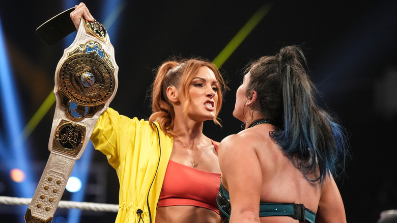 Becky Lynch and Lyra Valkyria face off during Monday Night RAW at Legacy Arena at the BJCC on July 14, 2025 in Birmingham, Alabama.