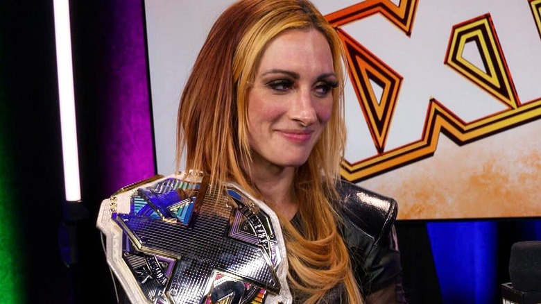 Becky Lynch during a backstage interview with the NXT Women's Championship during her 2023 return run to 
