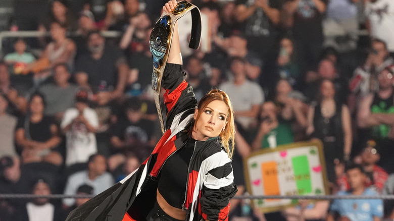 Women's Intercontinental Champion Becky Lynch makes her entrance during Monday Night RAW at Amica Mutual Pavilion on July 7, 2025 in Providence, Rhode Island.