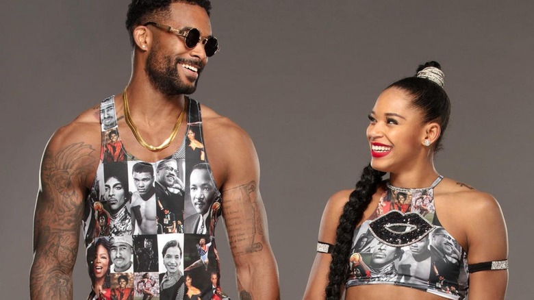 WWE's Bianca Belair poses backstage with husband Montez Ford.