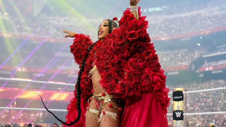 Bianca Belair makes her grand entrance and poses in the ring before a match at WrestleMania 41.