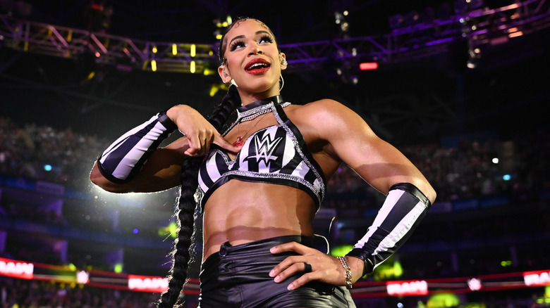 Special Guest Referee Bianca Belair makes her entrance during Monday Night RAW at The O2 Arena on March 31, 2025 in London, England.