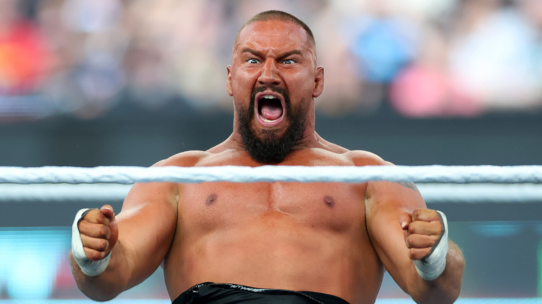 Bron Breakker reacts during the WWE 2025 SummerSlam at MetLife Stadium on August 02, 2025 in East Rutherford, New Jersey.