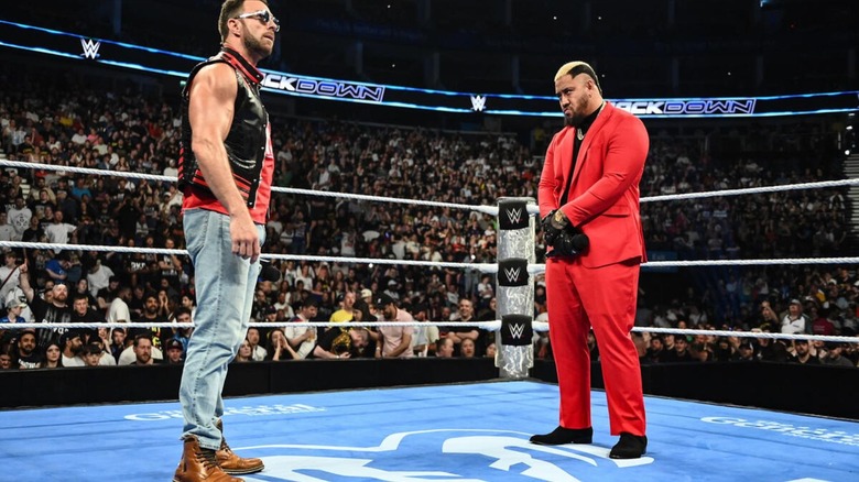 Solo Sikoa stands in the ring with LA Knight during a promo segment on the June 26, 2026 edition of "WWE SmackDown."