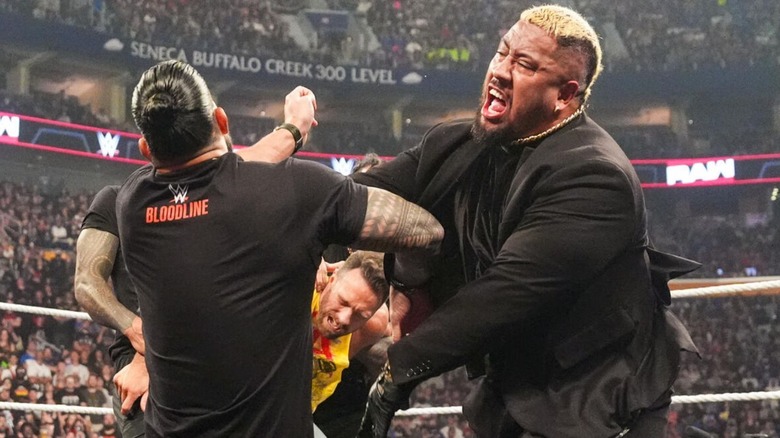Solo Sikoa hits World Heavyweight Champion Roman Reigns with a Samoan Spike in the ring during the main event segment of the August 17, 2026 edition of "WWE Raw."