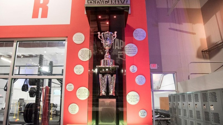 The trophy for the "WWE NXT" Dusty Rhodes Tag Team Classic, as well as a pair of Rhodes' ring boots, are seen at the WWE Performance Center in Orlando, Florida.