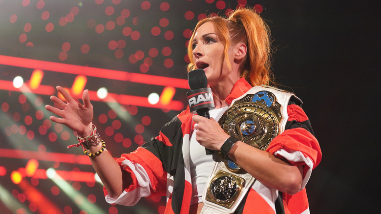The Women's Intercontinental Champion, Becky Lynch addresses the WWE Universe during Monday Night RAW at Barclays Center of Brooklyn on August 4, 2025 in New York, New York.