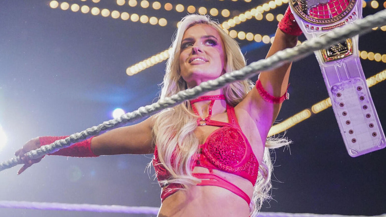 Blake Monroe poses with the "NXT" Women's North American Championship.