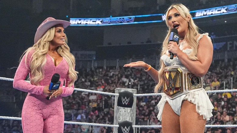 Trish Stratus and Tiffany Stratton during a promo segment on 