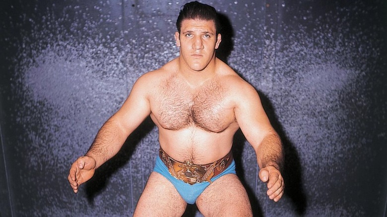 Bruno Sammartino with the WWWF World Heavyweight Championship during a classic pro wrestling photoshoot.
