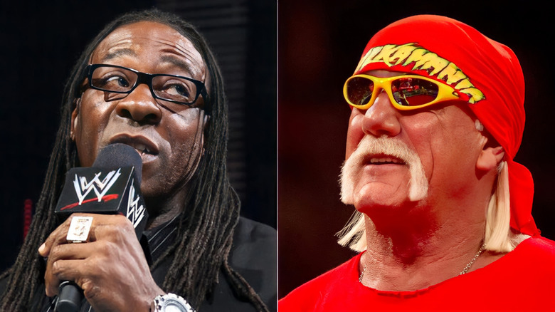 A split image of Booker T speaking into a WWE microphone on the left and Hulk Hogan wearing yellow sunglasses and a red Hulkamania bandana on the right