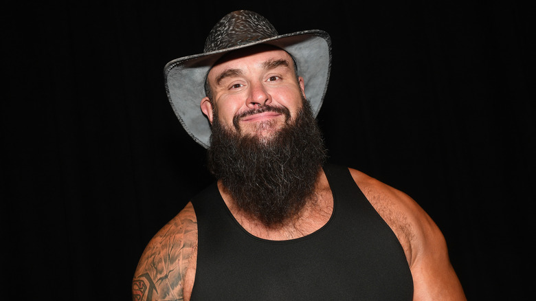 WWE wrestler Braun Strowman attends the game between the Toronto Raptors and the Atlanta Hawks