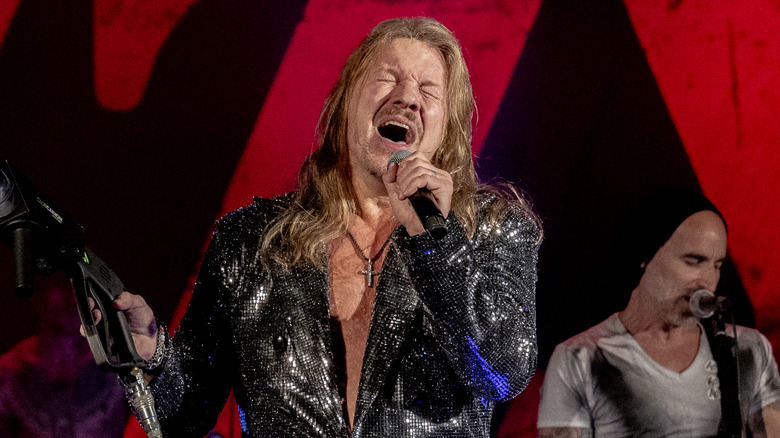 Chris Jericho (L) and P.J. Farley of Fozzy perform in concert at TempleLive Wichita on April 18, 2025 in Wichita, Kansas.