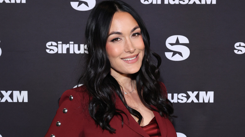 Brie Bella posing on the red carpet at the Sirius XM Super Bowl LVIII event, 2024.