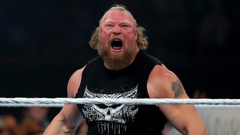 Brock Lesnar celebrates after slamming John Cena during the WWE 2025 SummerSlam