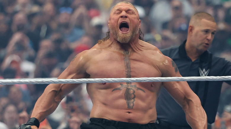 Brock Lesnar screeches during his entrance at WrestleMania 42.