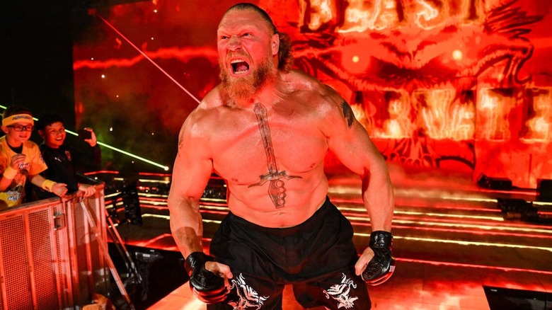 Brock Lesnar flexes on stage while heading to the ring before his Wrestlepalooza match with John Cena.