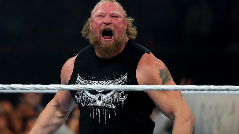 Brock Lesnar celebrates after slamming John Cena during the WWE 2025 SummerSlam at MetLife Stadium on August 03, 2025 in East Rutherford, New Jersey.