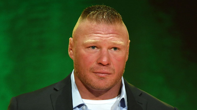 Brock Lesnar speaks during a WWE news conference at T-Mobile Arena
