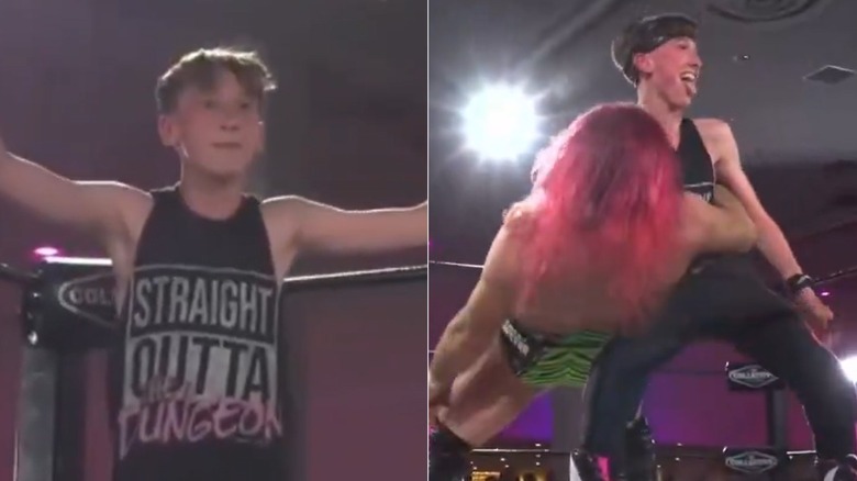 Brodie Lee Jr. [Left] hitting his father's signature pose and [right] setting up for Sister's Abigail