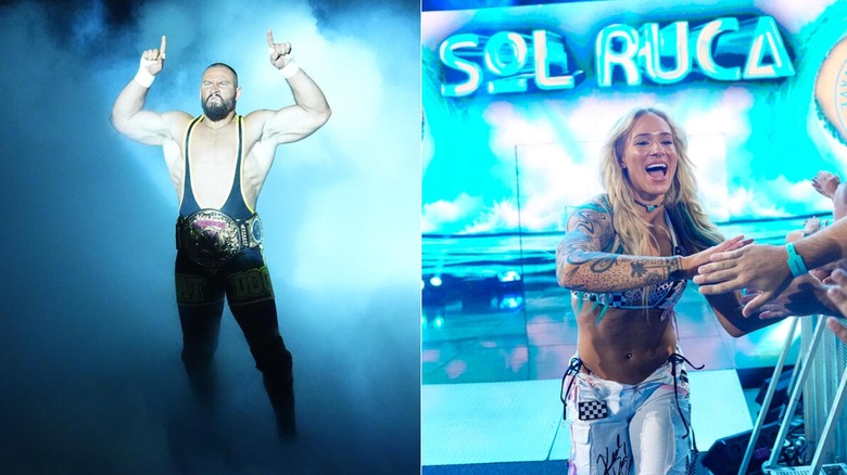[Left] Bron Breakker enters and [Right] Sol Ruca enters