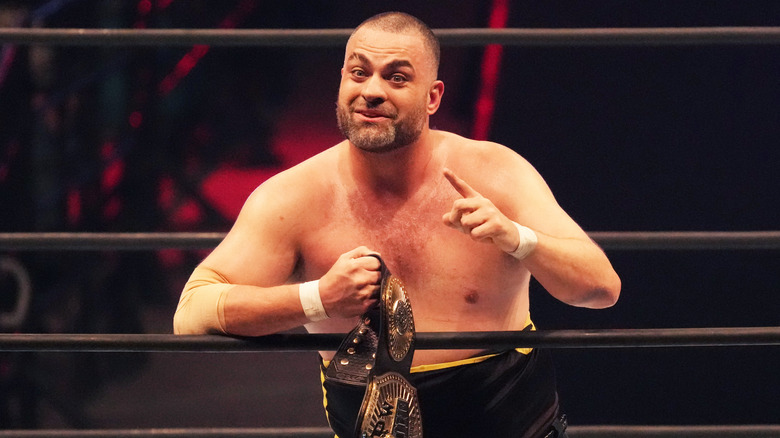 Eddie Kingston celebrates the victory during the New Japan Pro-Wrestling - G1 CLIMAX 33 at Hokkai Kitayell on July 16, 2023 in Sapporo, Hokkaido, Japan