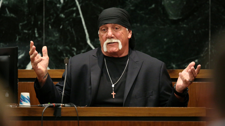 NY POST OUT Terry Bollea, aka Hulk Hogan, testifies in court during his trial against Gawker Media at the Pinellas County Courthouse on March 8, 2016 in St Petersburg, Florida. Bollea is taking legal action against Gawker in a USD 100 million lawsuit for releasing a video of him having sex with his best friends wife.