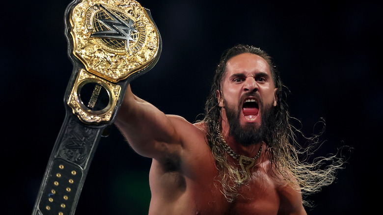 Seth Rollins with the WWE World Heavyweight Championship after cashing in the Money in the Bank Briefcase at SummerSlam, 2025.